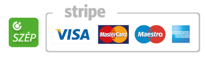 Elfogadott fizetési módok: SZÉP kártya, Visa, Mastercard, Maestro, American Express (Stripe)